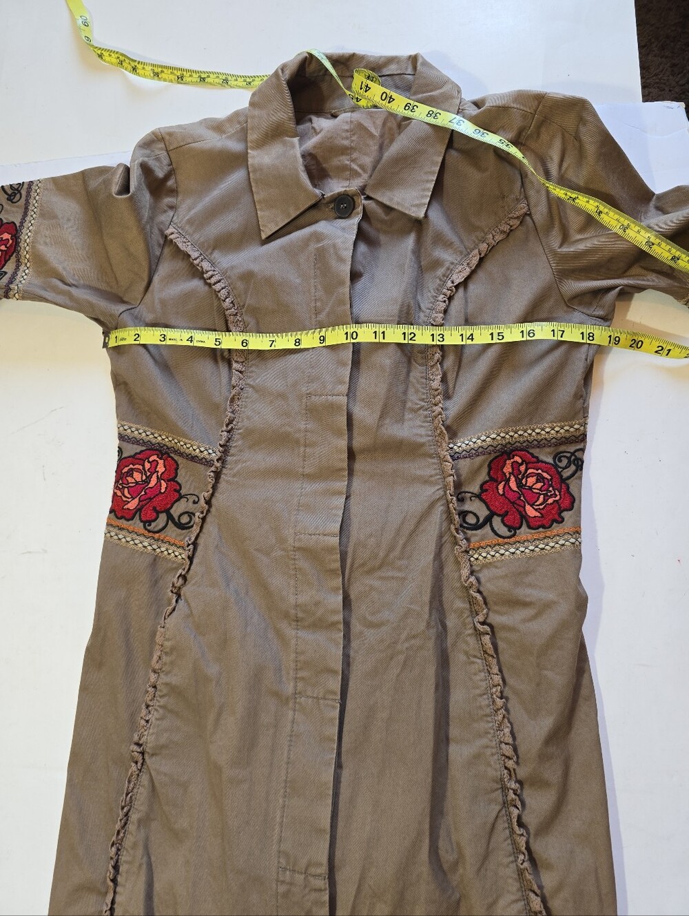 ODD MOLLY Taupe Embroidered Floral Long Coat No Size Tag See Measurements - Picture 7 of 11
